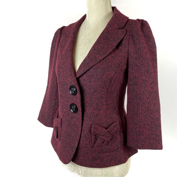 Classiques Entier Red & Black 3/4 Sleeve Tweed Blazer Size XS - Picture 3 of 13